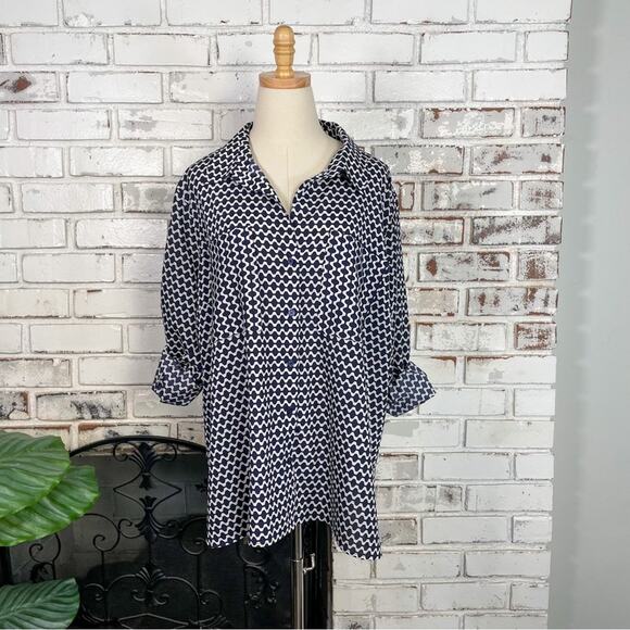 Tommy Hilfiger Navy Blue & White Geometric Print Long Sleeve Button Down Blouse - Picture 2 of 10